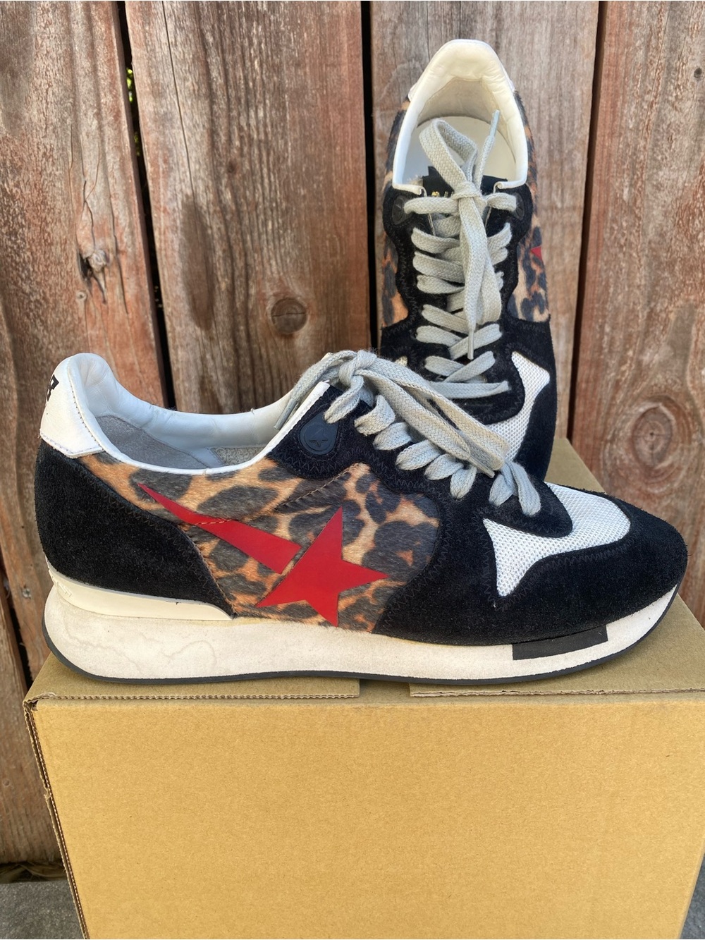Golden Goose GGDB Leopard Running Shoes Womens 36 Pony Hair Suede Black